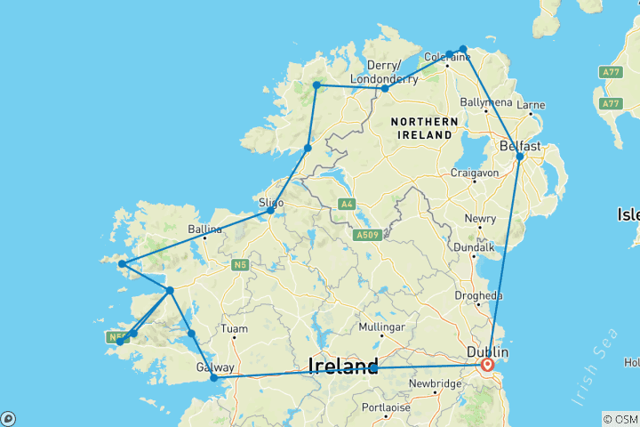 Kaart van 5-Daagse Noord-Ierland & Atlantische Kust Rondreis in kleine groep vanuit Dublin