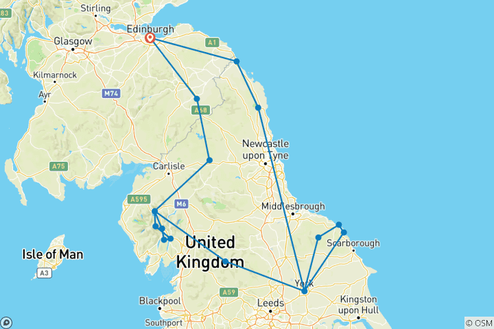 Kaart van Rondreis naar York, de Dales, het Lake District & Hadrian's Wall - in kleine groep - vanuit Edinburgh - incl. toegangsprijzen - 5 dagen