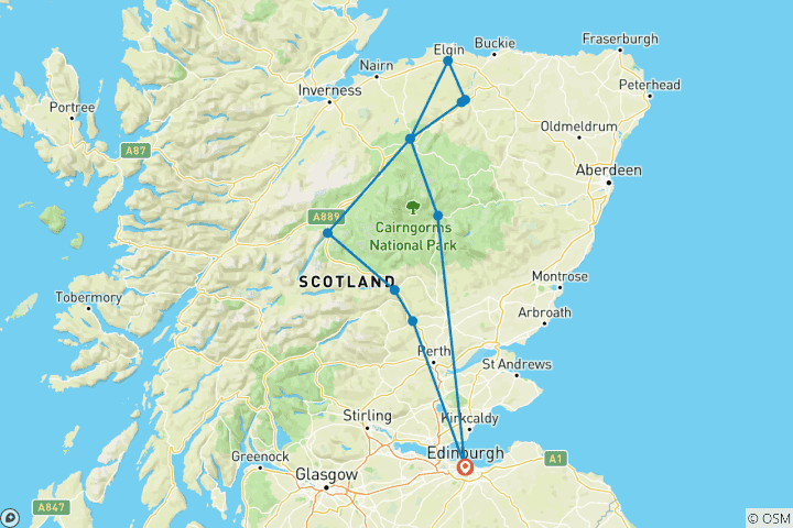 Carte du circuit Circuit de 3 jours en petit groupe sur la route du whisky du Speyside au départ d'Édimbourg