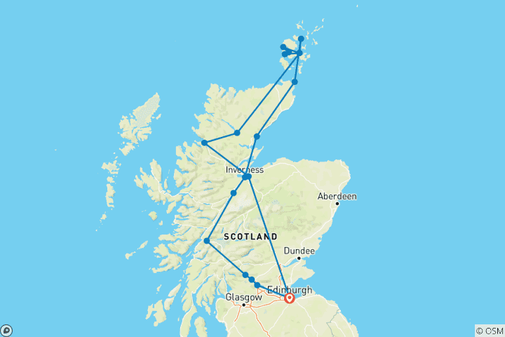 Carte du circuit Circuit en petit groupe de 5 jours des Orcades et de la côte nord de l'Écosse au départ d'Édimbourg