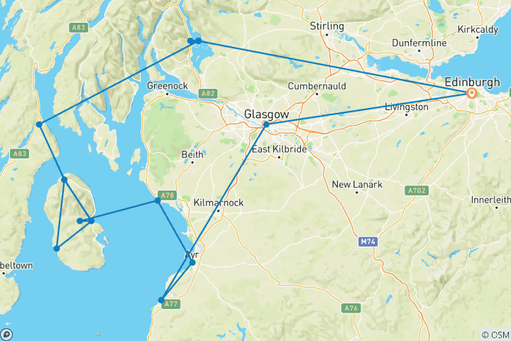 Carte du circuit Aventure sur l'île d'Arran - Circuit en petit groupe au départ d'Édimbourg - 3 jours