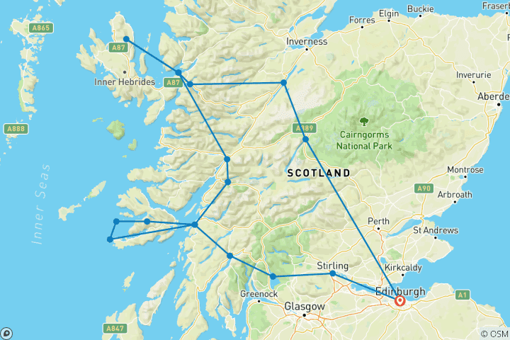 Kaart van 5-daagse Iona, Mull & Isle of Skye Rondreis in kleine groep vanuit Edinburgh