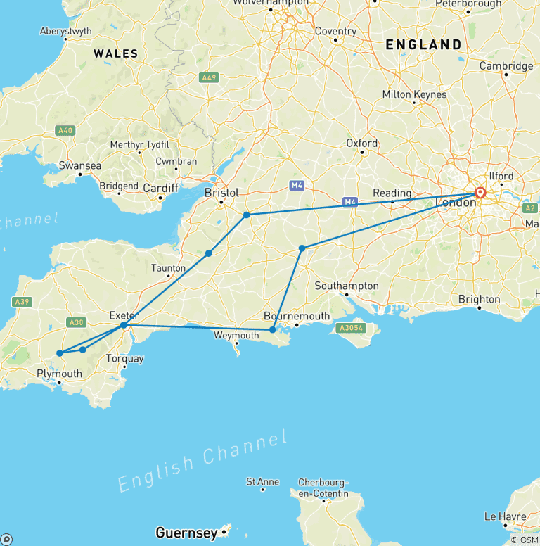 Map of 3-Day Stonehenge, Glastonbury, Bath & the South West Coast Small-Group Tour from London