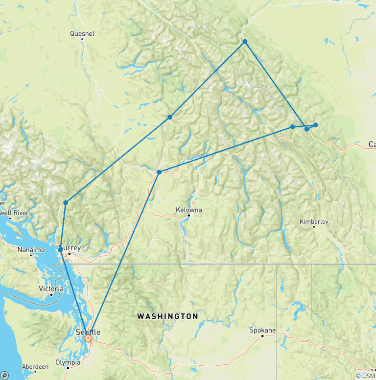 Map of Canadian Rockies Small Groups National Parks Camping Tour 7 days