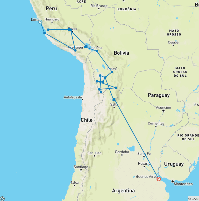 Map of Peru, Bolivia & Argentina Adventure (46 destinations)