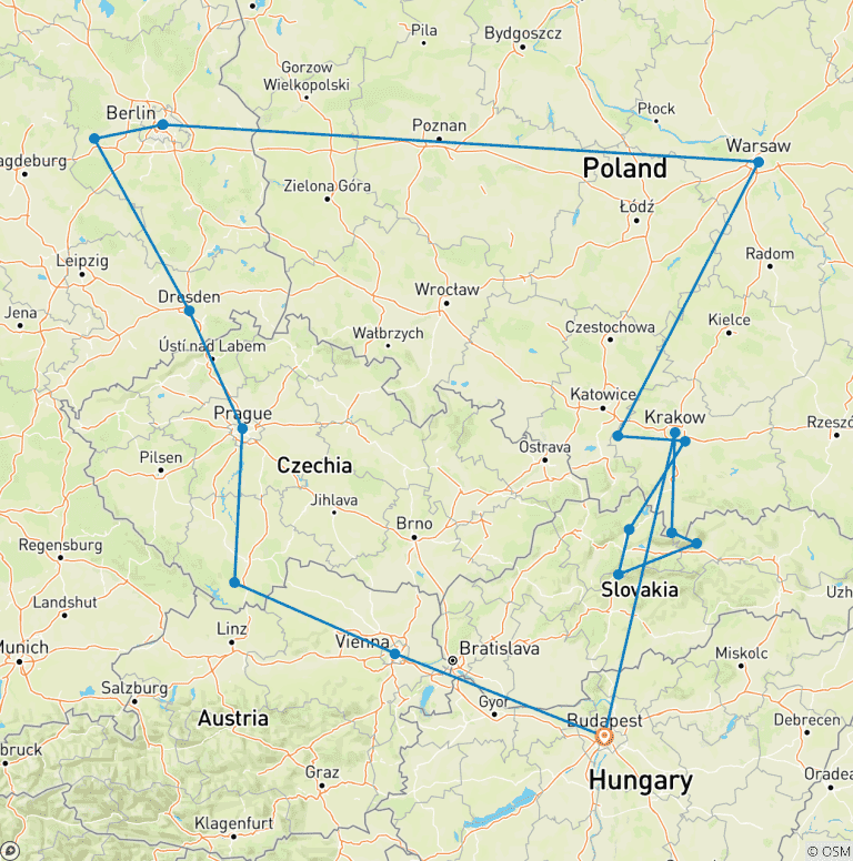 Map of Highlights of Eastern Europe (Classic, End Budapest)