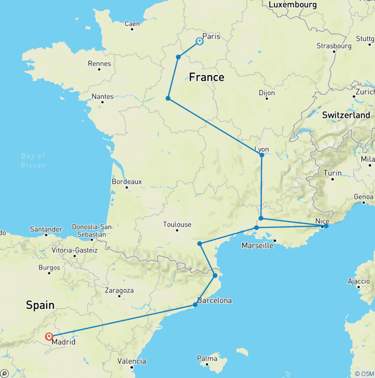 Map of Highlights of France and Barcelona (End Madrid, Madrid Extension)