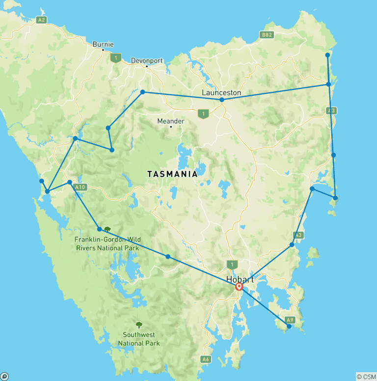Map of Super 7 -  Seven Day Tour of Tasmania