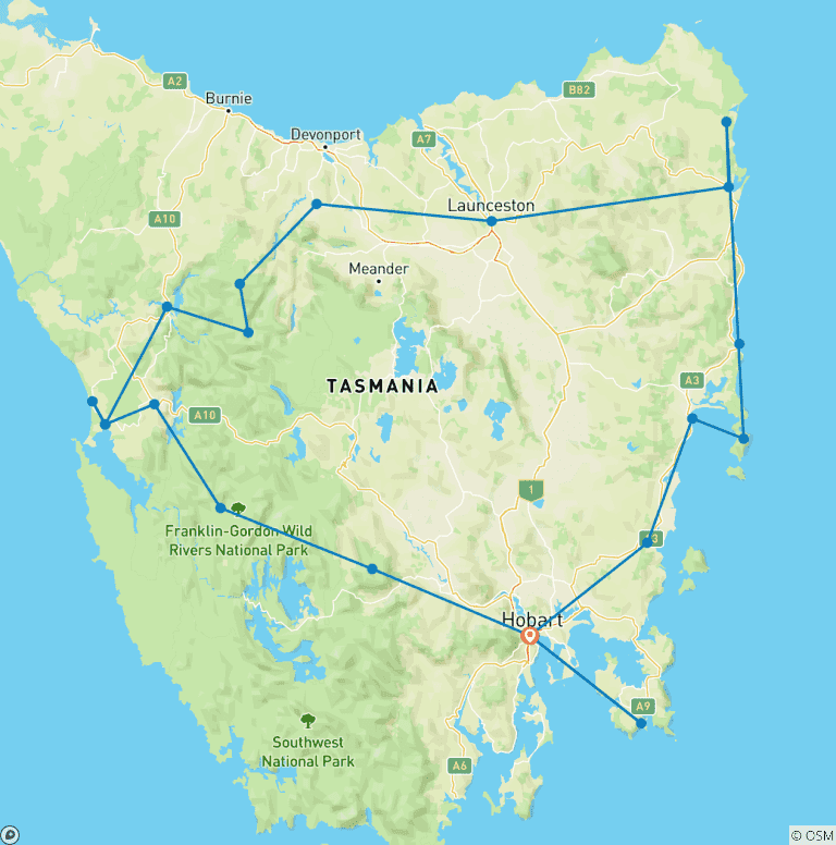 Map of Super 7 -  Seven Day Tour of Tasmania