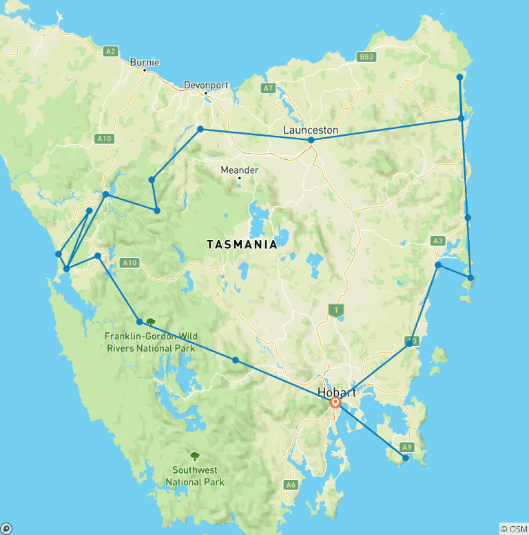 Map of Super 7 -  Seven Day Tour of Tasmania