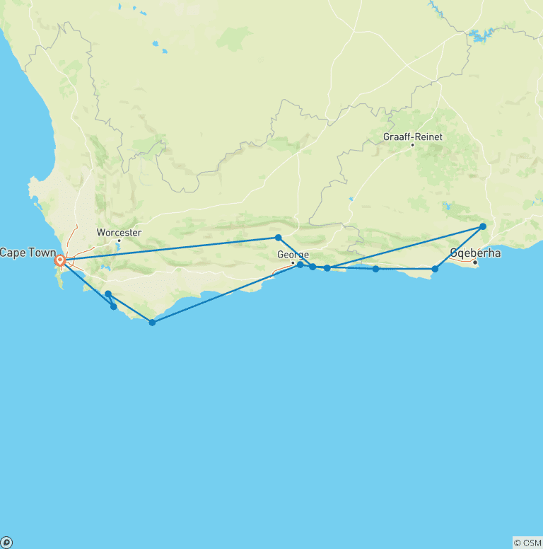 Map of 10 Days Cape Town, Garden Route & Addo Package