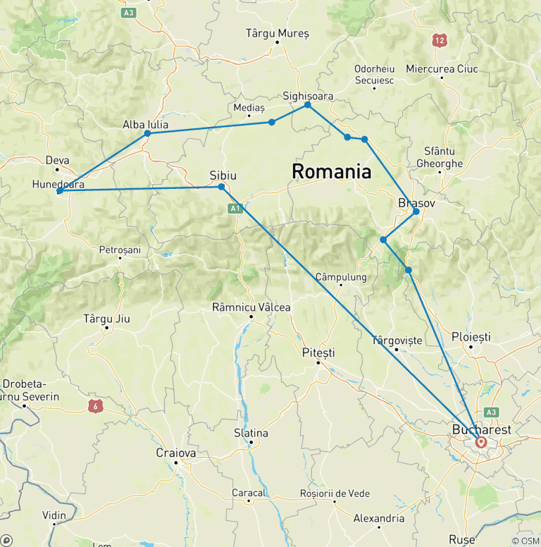 Map of Transylvania Castles tour in 4 days from Bucharest