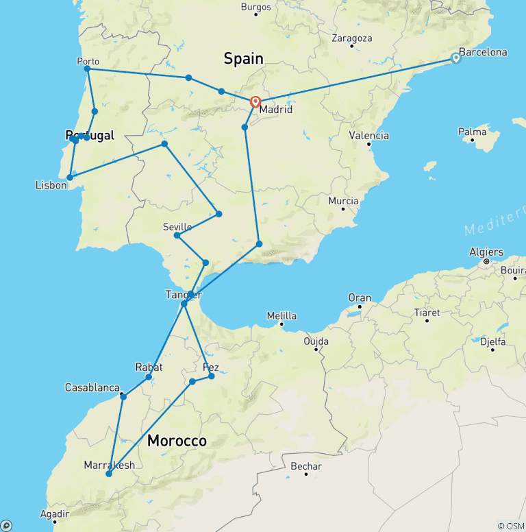 Map of 23D Spain Portugal Morocco Premium Small Grp Tour (26 destinations)