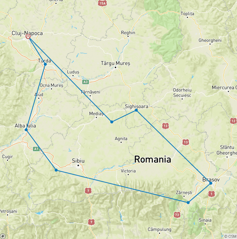 Map of Private three days tour to Sibiu, Brasov and Sighisoara from Cluj-Napoca