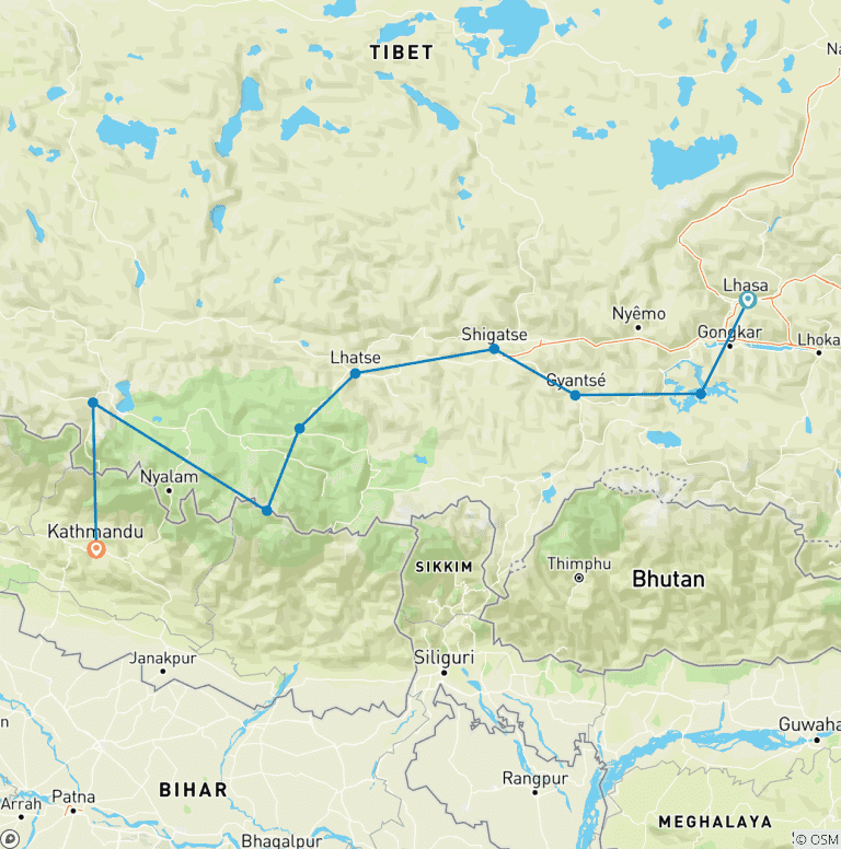 Map of 7 Days Tibet Trip Lhasa to Kathmandu Overland Small Group Tibet Tour