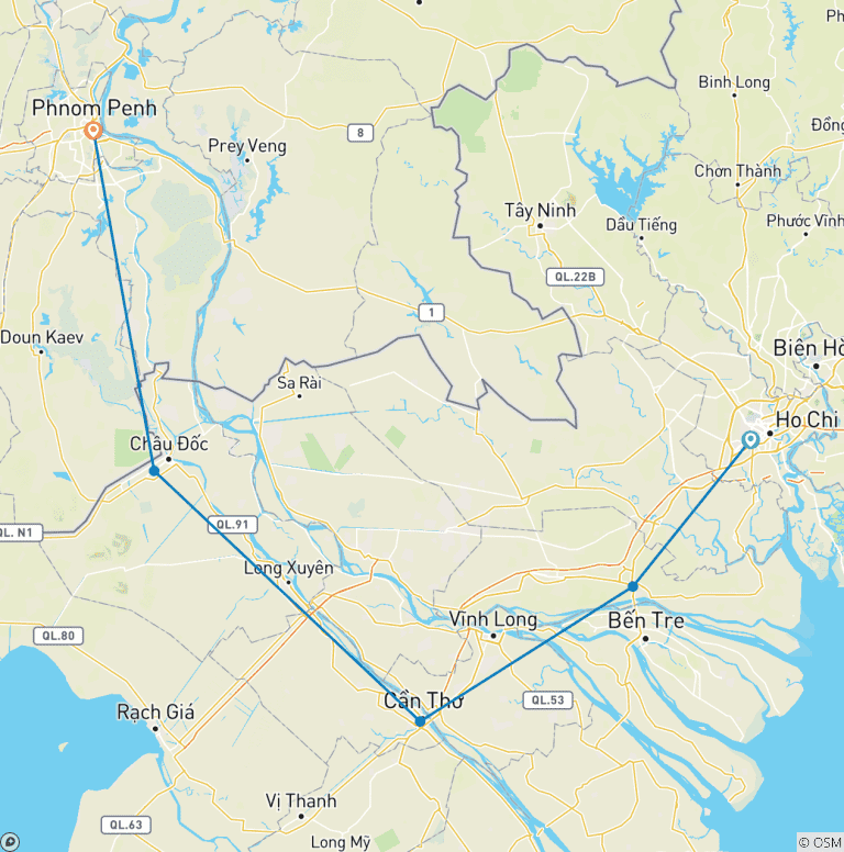 Map of Mekong Delta from Saigon to Phnom Penh 3 days