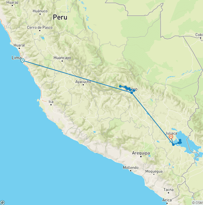 Map of 10 Day Andean Highlights "Machu Picchu & Puno" with Local Flights