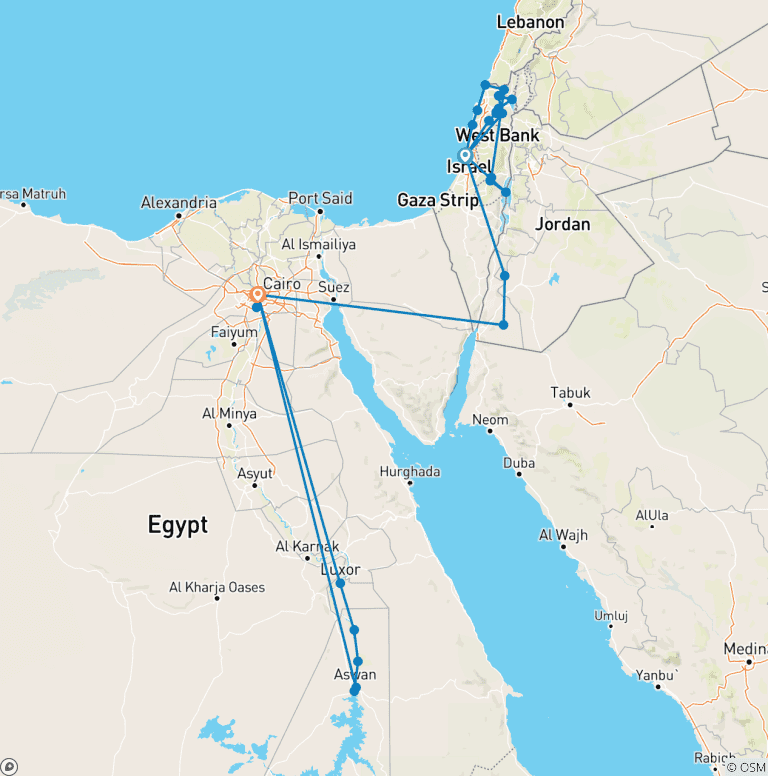Map of Israel, Jordan and Egypt with Nile Cruise 14 days