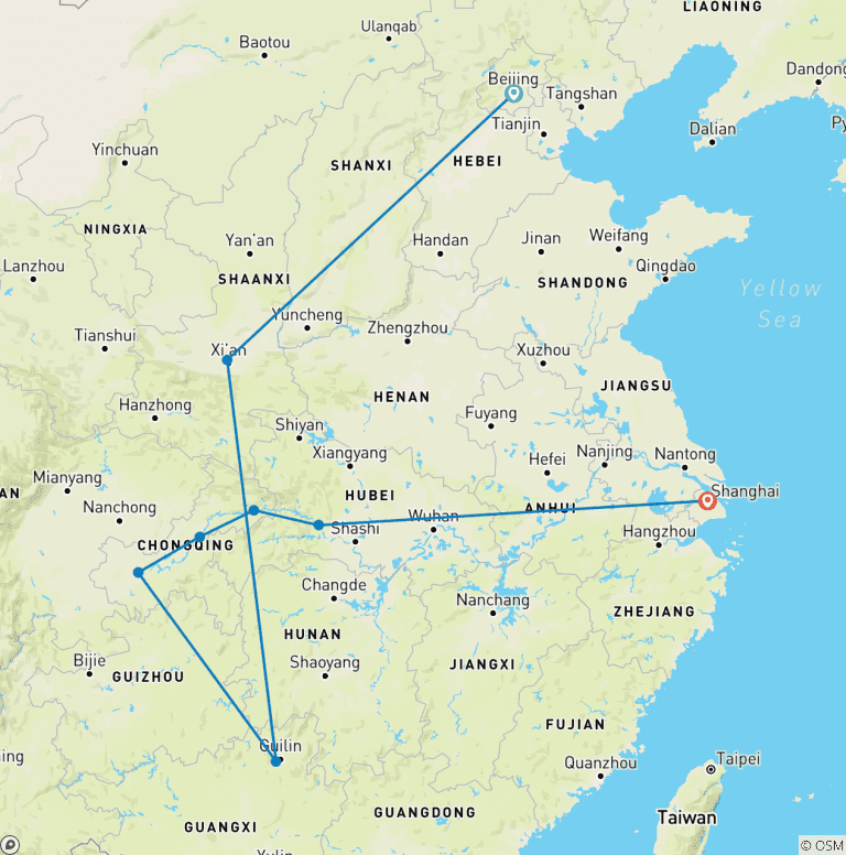 Map of 14-Day China Tour with Yangtze Cruise: Luxury Small Group & Hotels