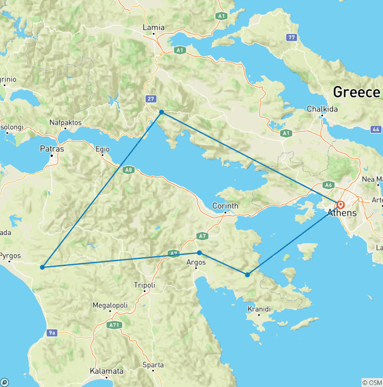 Map of Three Days Classical Tour from Athens: Epidaurus, Mycenae, Olympia, Delphi
