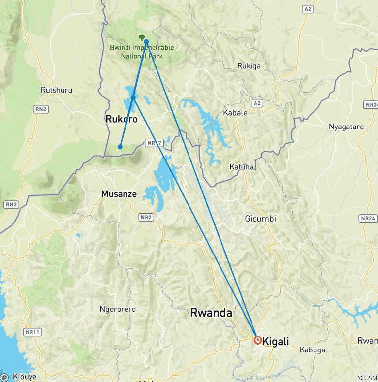 Map of 3 Day Uganda Gorilla Trek Budget Safari via Kigali