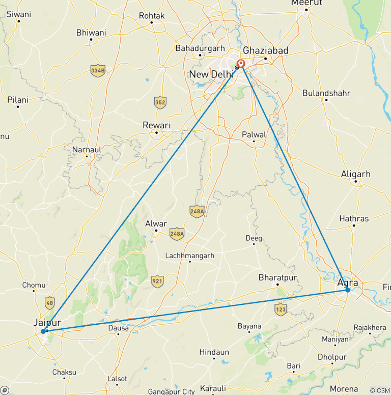 Map of Private 3 Days Golden Triangle Tour with Hotels from Delhi