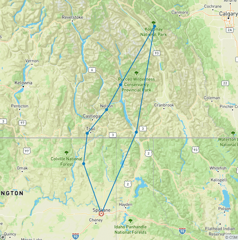 Map of Selkirk & Kootenay Bike Tour