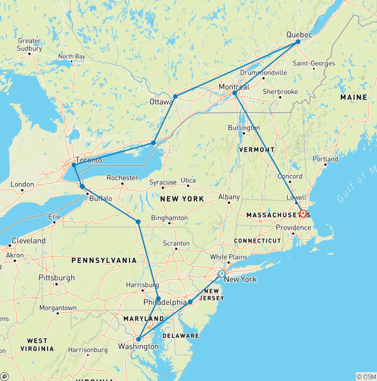 Map of East Coast USA and Canada (End Boston)