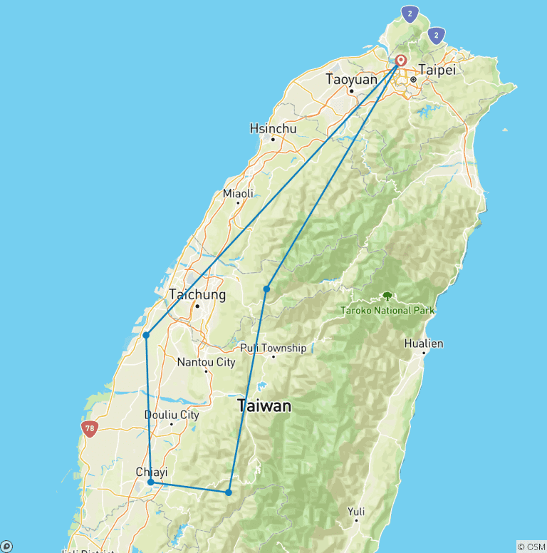 Map of 3-day Taiwan History and Nature Premium Private Tour