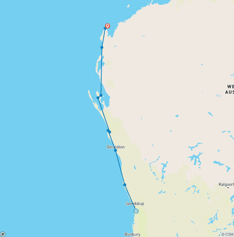 Map of 6 Day Perth to Exmouth Coral Coaster One Way Adventure