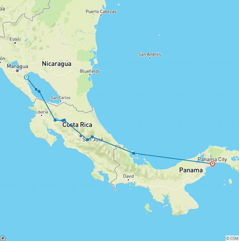 Map of Cycle Nicaragua to the Panama Canal