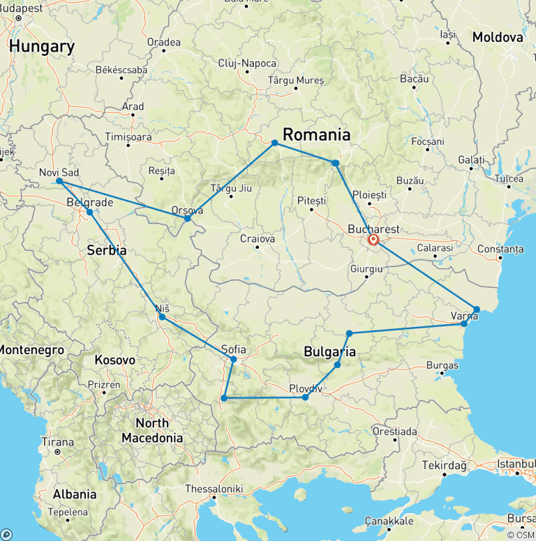 Map of Grand Tour of Romania, Serbia & Bulgaria