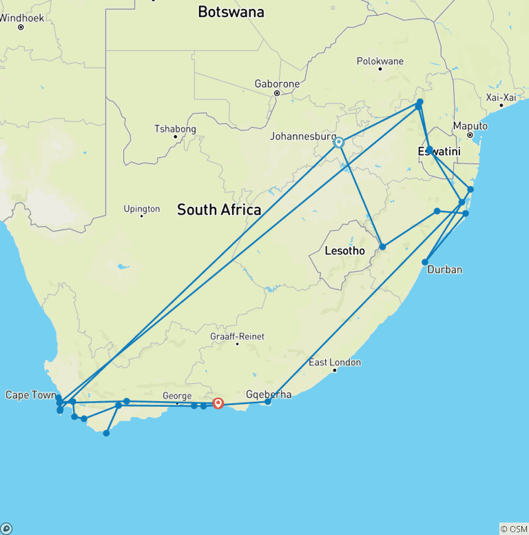 Map of Kruger, Eswatini and South Africa's Garden Route