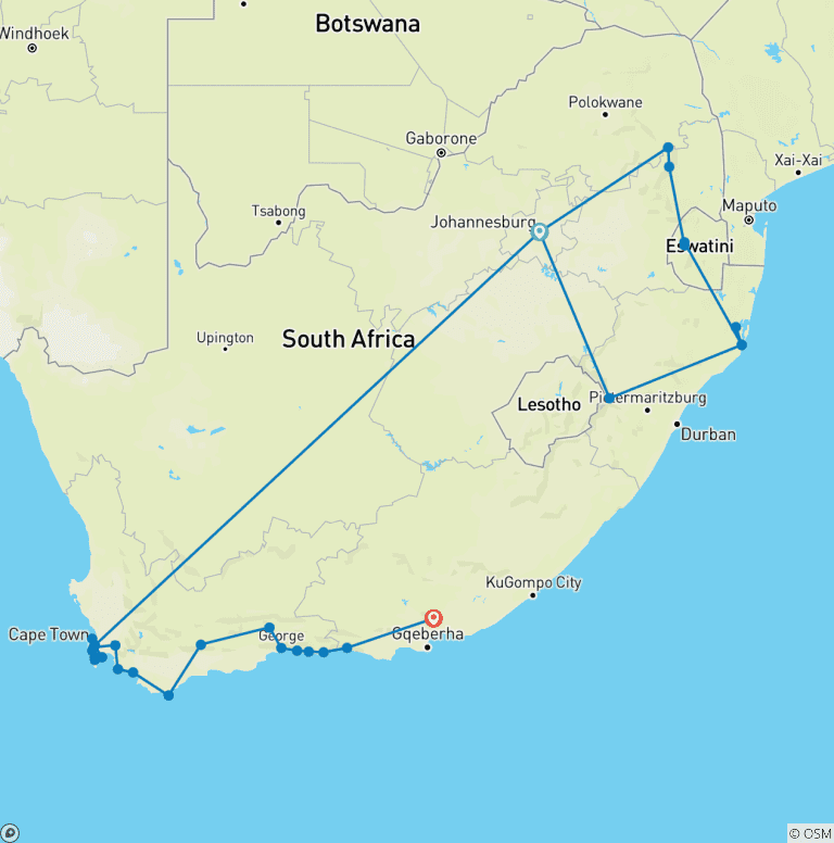 Map of Kruger, Eswatini and South Africa's Garden Route