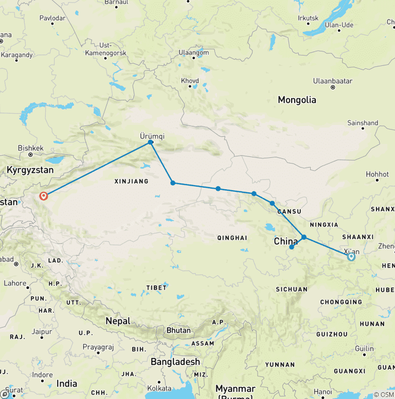 Map of Classical Silk Road 14 Days:  Xian, Lanzhou, Labrang, Jiayuguan, Dunhuang, Turpan, Urumqi, Kashgar