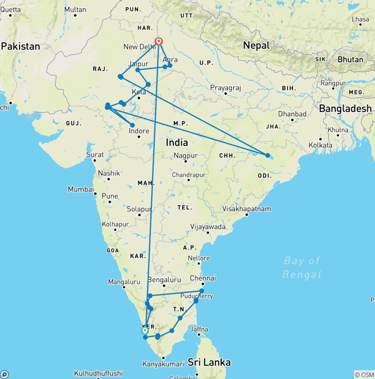 Map of 30 Days Trip to South India and North India