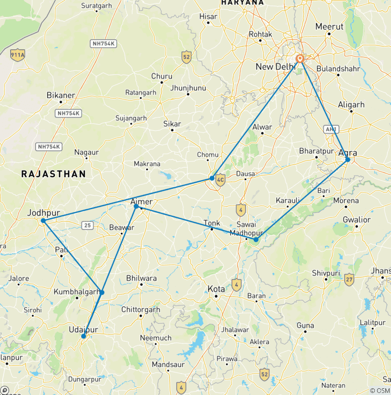 Map of Taj Mahal & Rajasthan with Royal Stay at Castles