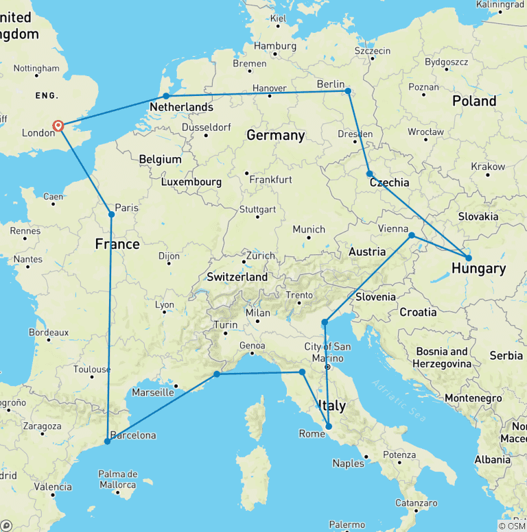 Map of Whole of Europe Group Rail Tour (18-35)