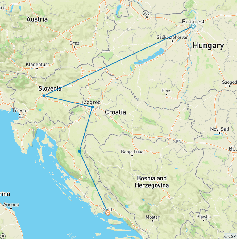Map of Budapest to Split Group Rail Tour (18-35)