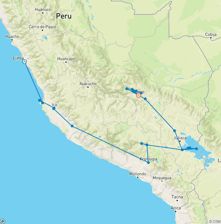 Map of The Best of Southern Peru + Ballestas Islands, Ica - Huacachina Oasis & Nazca: Budget
