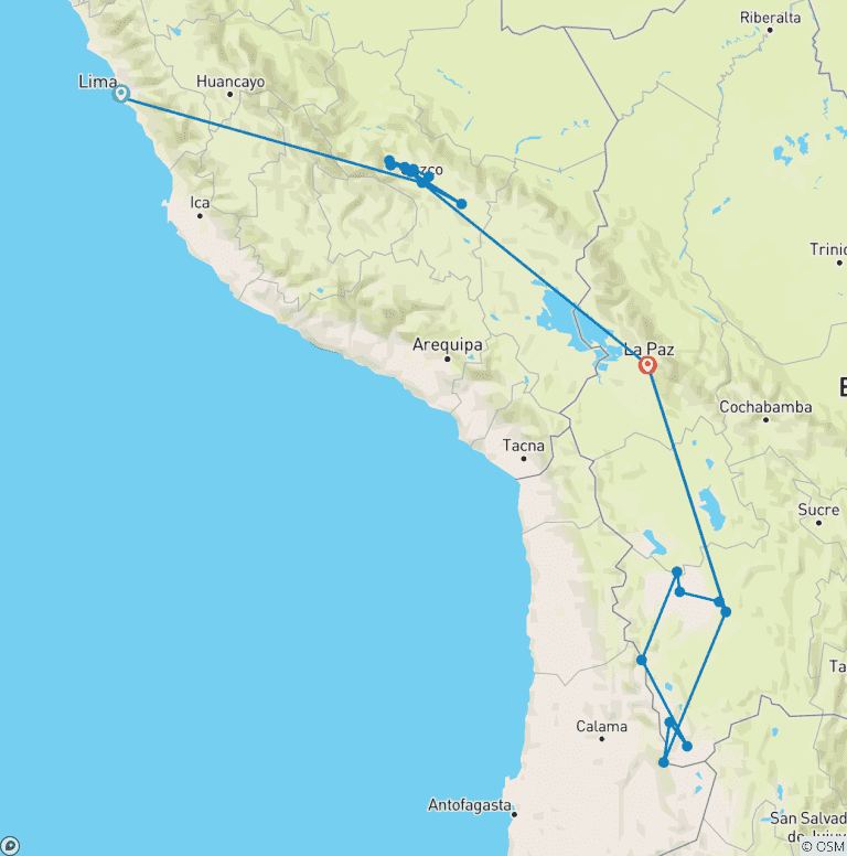 Map of The Best Of Peru & Bolivia: Lima, Cusco, The Sacred Valley, Moray & The Salt Mines, Rainbow Mountain or Humantay Lake Hike, Machupicchu, La Paz, Uyuni Flats & All Lagoons