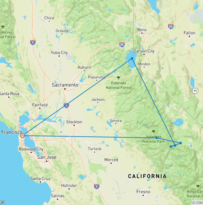 Map of Yosemite & Tahoe Sierras - 4 Days