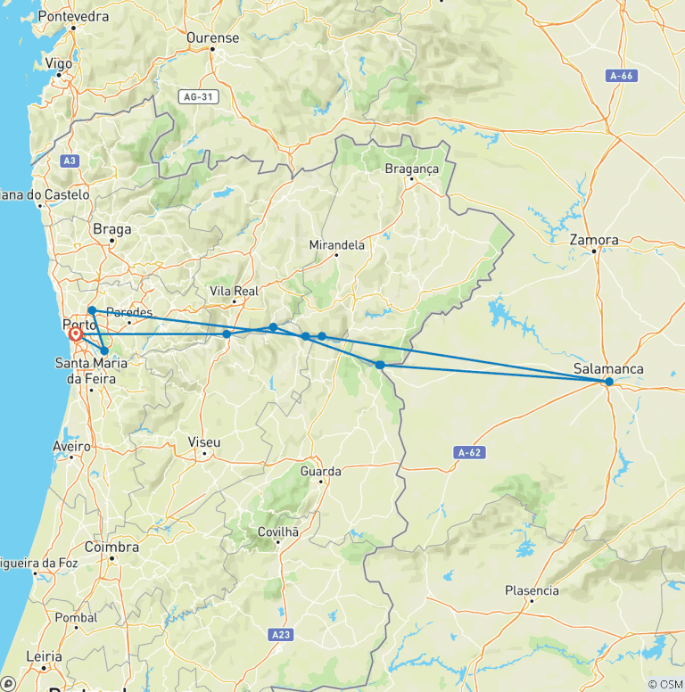 Map of Porto, the Douro valley (Portugal) and Salamanca (Spain)  (port-to-port cruise)