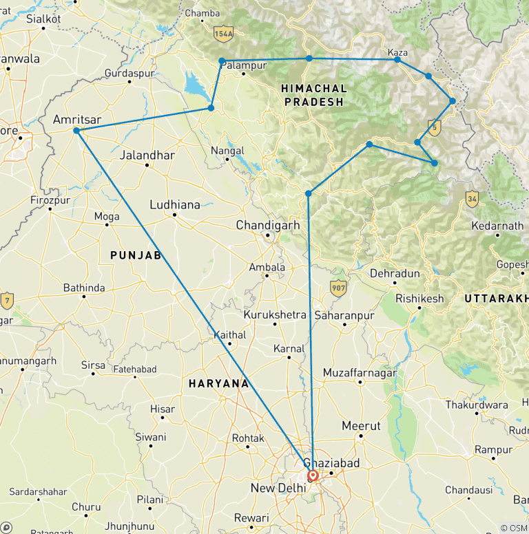 Map of 17 Days Shimla - Spiti - Manali - Dharamshala - Amritsar