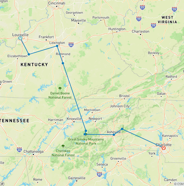 Map of Bluegrass Country & the Smoky Mountains featuring Louisville, Lexington, Gatlinburg & Asheville (Louisville, KY to Asheville, NC) (2026)