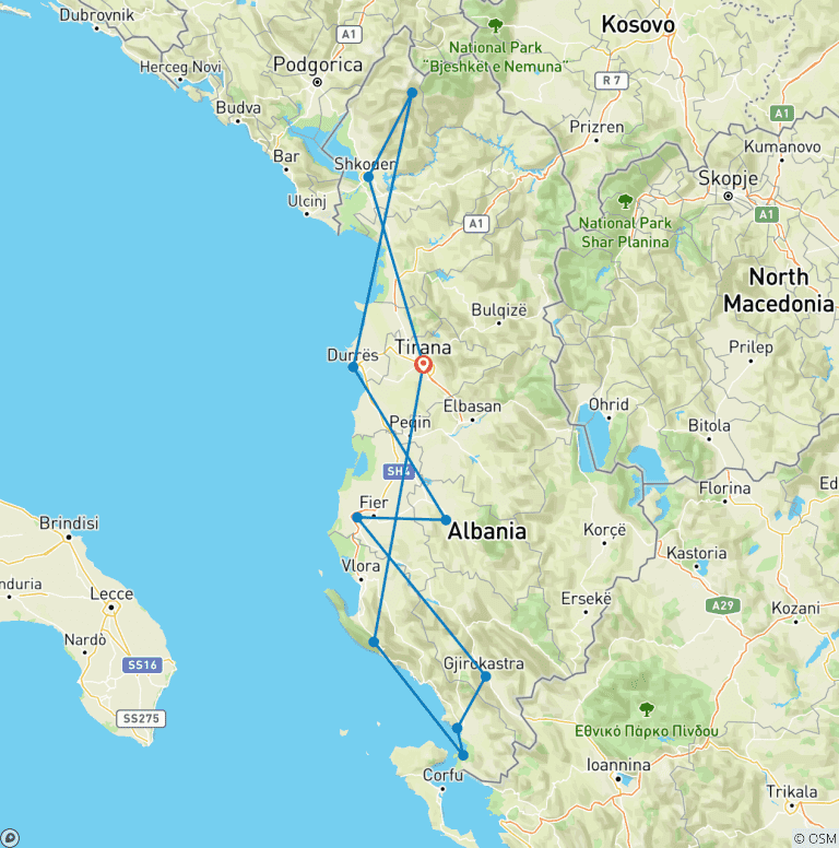 Map of Self Drive: Albania North to South
