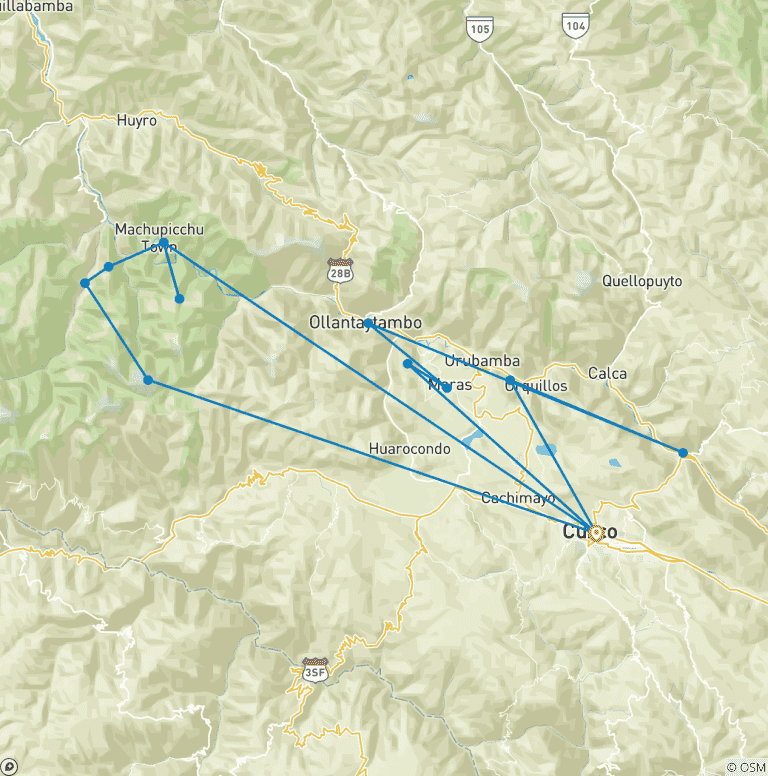 Map of 8-Day Salkantay Trek to Machu Picchu