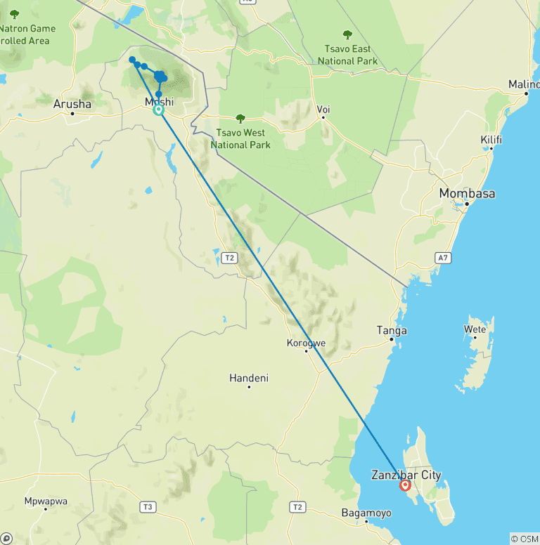 Map of Kilimanjaro - Lemosho Route & Zanzibar Adventure