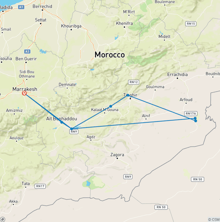 Map of Marrakech To Merzouga 3 days camel ride