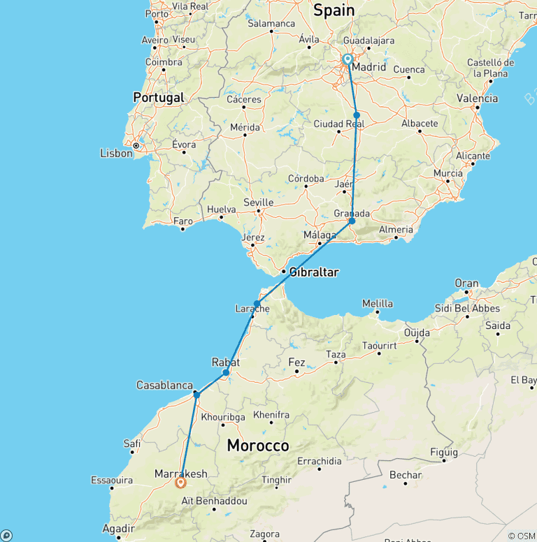 Map of Madrid and Magical Morocco end Marrakesh (7 destinations)